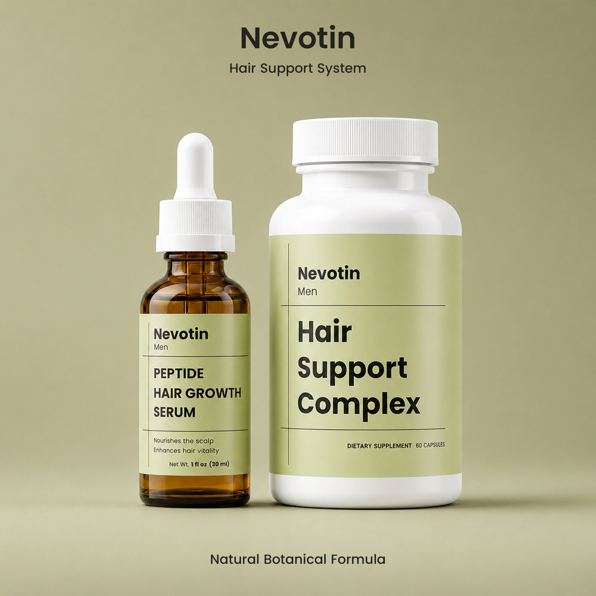 Nevotin Hair Support System product set featuring an amber glass dropper bottle of Peptide Hair Growth Serum and a white bottle of Hair Support Complex, both with pale green labels, on a solid beige background.
