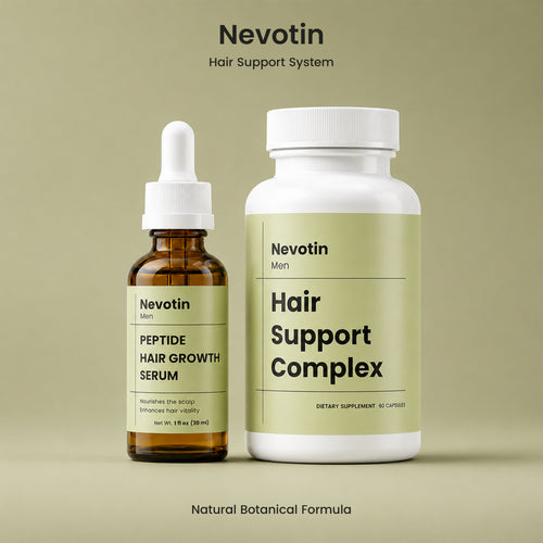 Nevotin Hair Support System product set featuring an amber glass dropper bottle of Peptide Hair Growth Serum and a white bottle of Hair Support Complex, both with pale green labels, on a solid beige background.